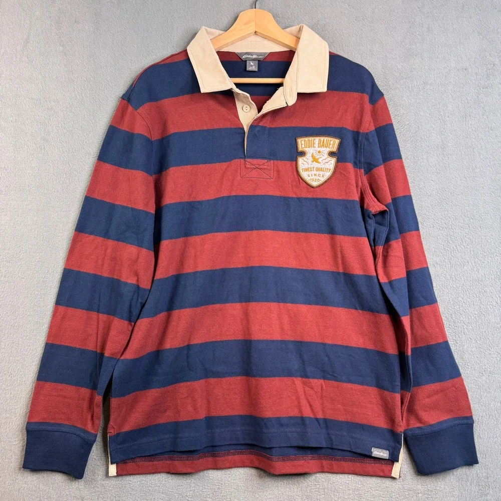 Eddie Bauer Mens‎ Rugby Shirt Medium Red Navy Blue Striped Long Sleeve Cotton